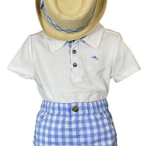 Tommy Bahama Kids White Polo Shirt Blue Gingham Shorts Fedora Matching Set 3T